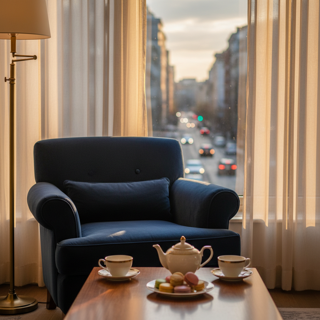 A plush velvet armchair in deep midnight blue facing a low walnut coffee table, arranged near a large window overlooking a softly lit urban street at dusk. On the table, a delicate porcelain teapot, two empty matching cups, and a small plate of artfully arranged macarons create a sense of anticipated company. Golden hour light filters through sheer curtains, layering warm highlights across the scene while a floor lamp adds a gentle glow. Photographic realism, composed with the rule of thirds and a shallow depth of field, evoking poised, non-romantic intimacy and an elegant, unhurried evening together.